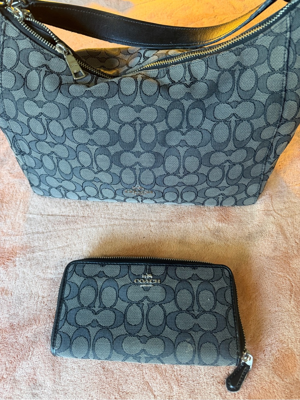 Coach Gray Signature Canvas Tote and Wallet Set with Silver Hardware